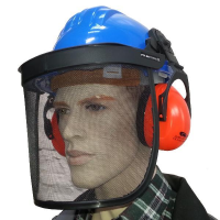 Construction helmet with face and hearing protection net in various colours. Colours