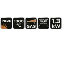 5 symbole, piezo-zündung, arbeitstemperatur 1300°C, gasregulierung, en 417, 1,3kw