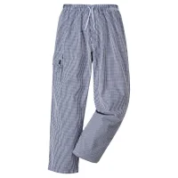 kochhose für herren blau kariertes muster von portwest mit tasche und kordelzug