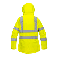 warnschutzjacke gelb oder orange für damen mit abnehmbarer kapuze atmungsaktib wasserdicht ansicht rückseite