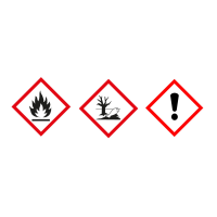 drei gefahrensymbole: entzündlich, ausrufezeichen, umweltgefährdend