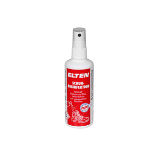 schuhdesinfektionsspray: weiße sprayflasche mit roten aufkleber