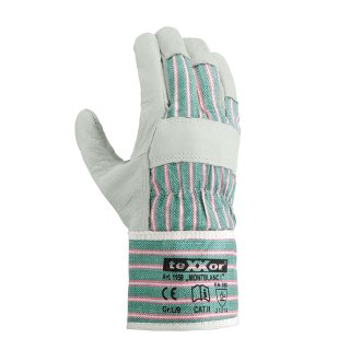 teXXor® Rindvollleder-Handschuhe MONTBLANC I, Leder Natur, Drell Grün/Rot-gestreift